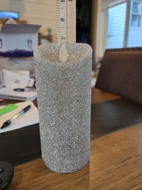 Luminara Flameless 7" Candle Realistic Flame Silver Glitter 5 Hr Timer